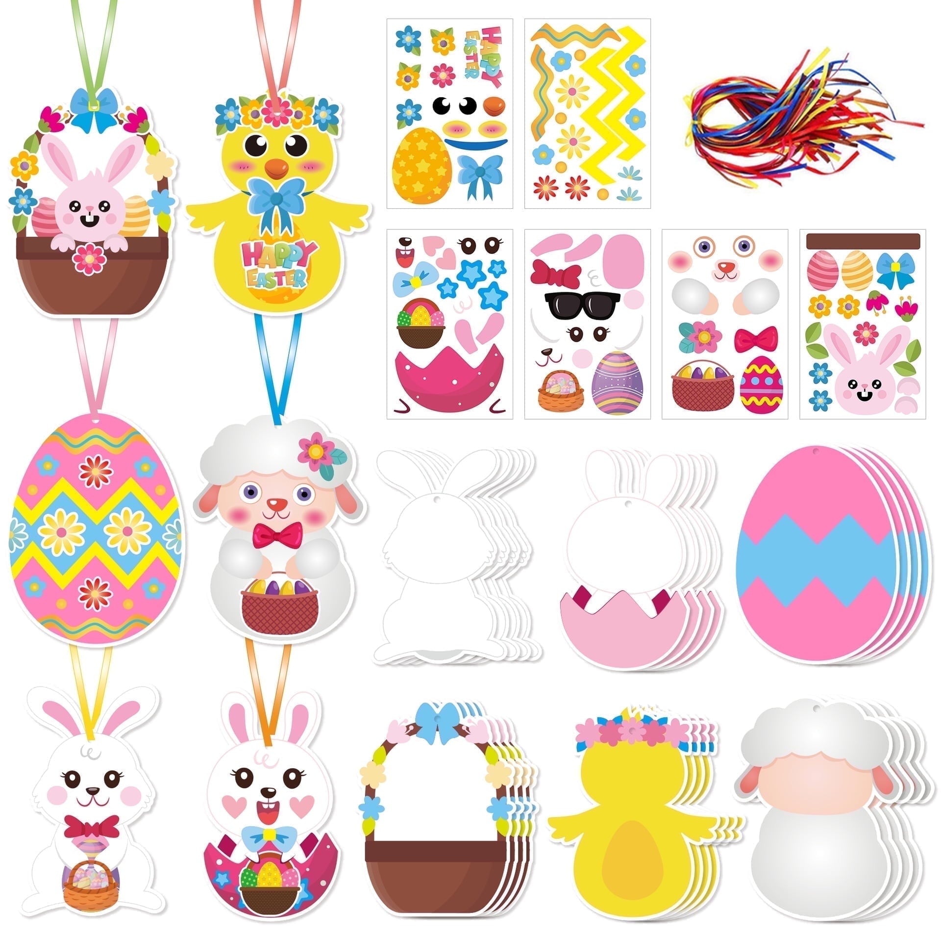 120 Pcs Easter DIY Craft Kit for Kids - Egg, Bunny, Cross, Scene Stickers & Decorations, Handmade Easter Cards with Ribbons for Children’s Easter Activities, Gifts, & Home Decoration
