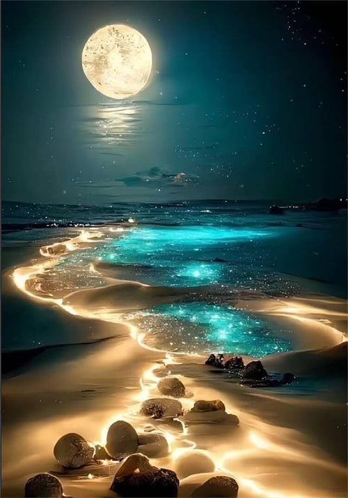 5D Moonlight Beach Diamond Painting Kit for Adults Beginners, DIY Beach Paint by Diamond Art Kits, Diamonds Dot Gem Arts and Crafts Crystal Sets for Home Decor 12x16inch