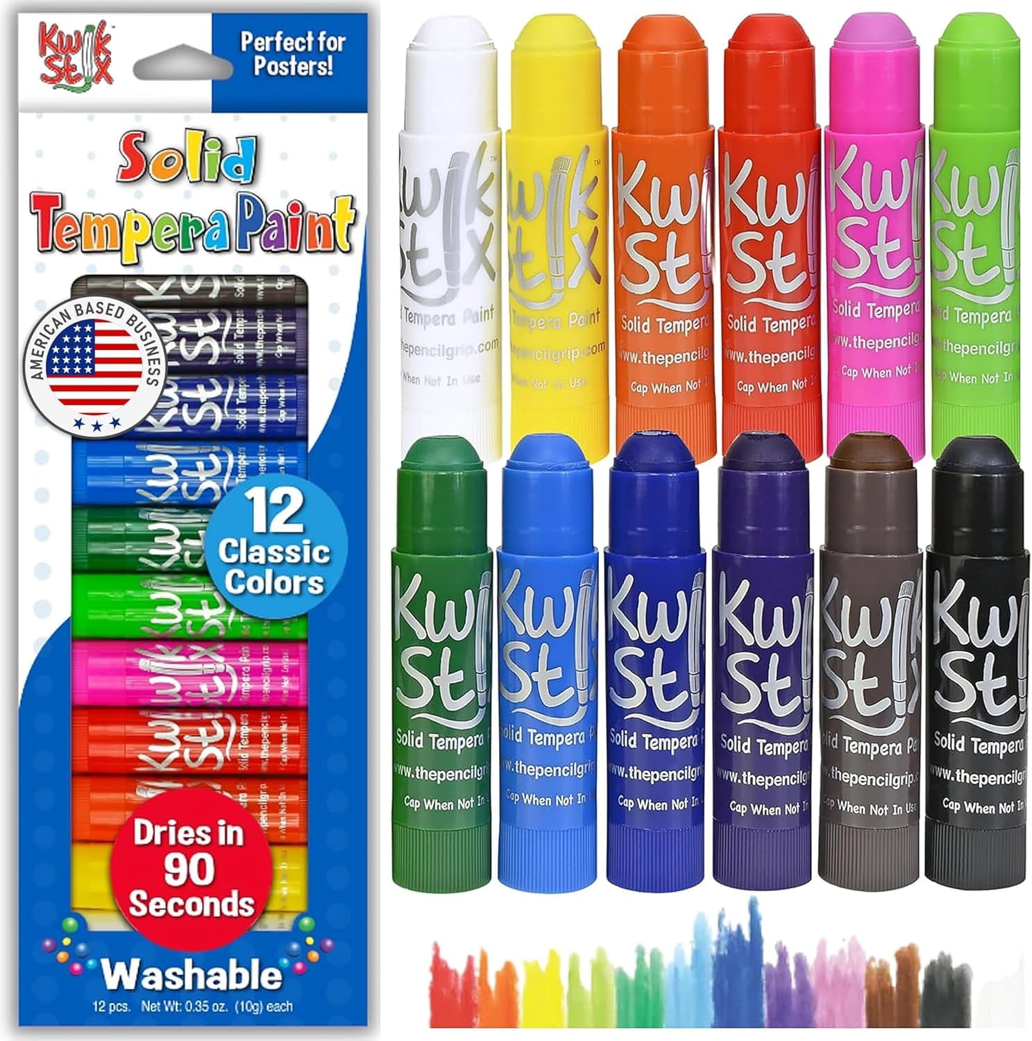 Kwik Stix Tempera Paint Sticks, 12 Count, Classic Colors, Washable, Quick-Drying, Non-Toxic