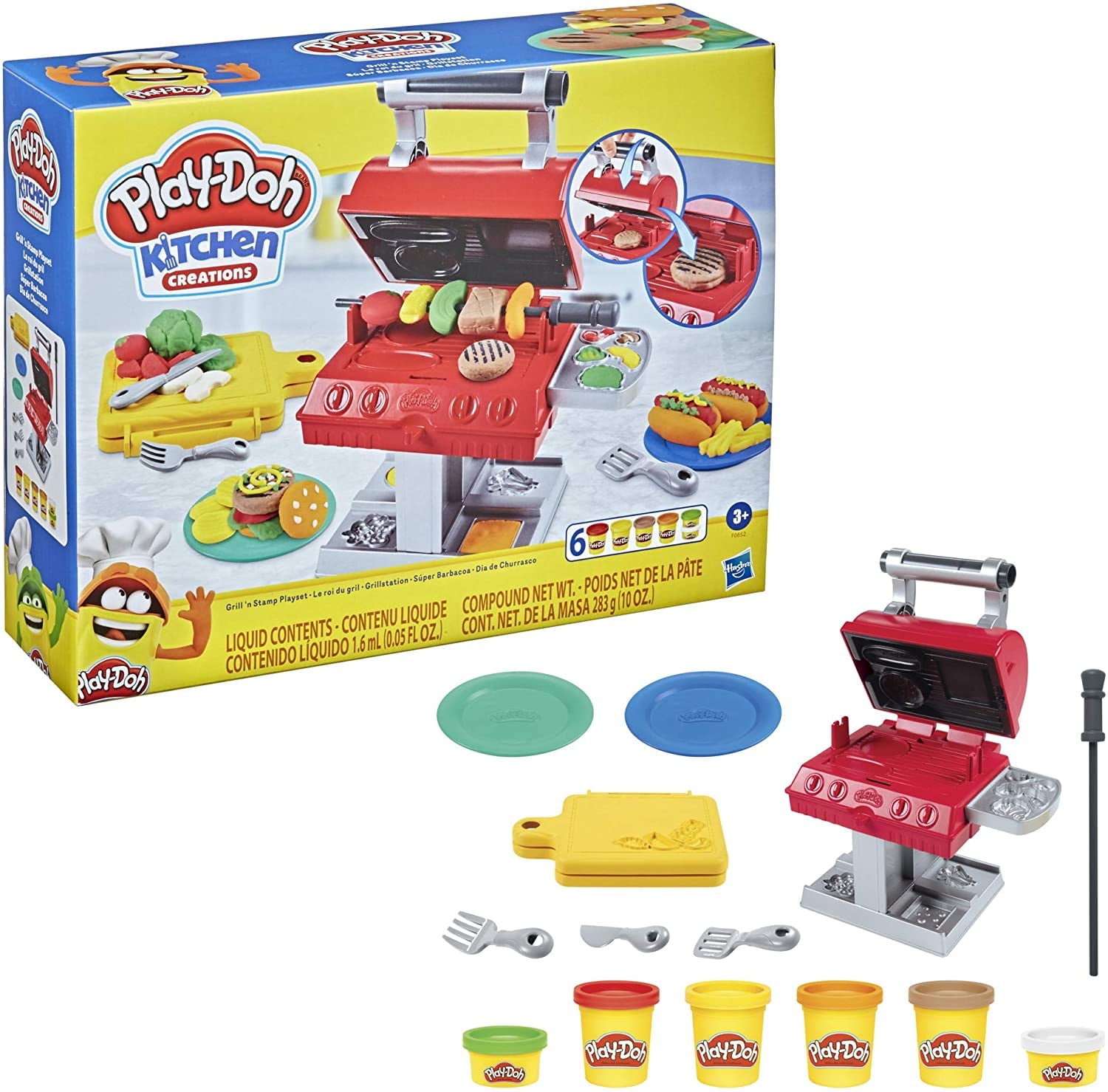 Play-Doh Kitchen Creations Grill 'n Stamp Playset for Kids 3 Years and Up with 6 Non-Toxic Modeling Compound Colors and 7 Barbecue Toy Accessories